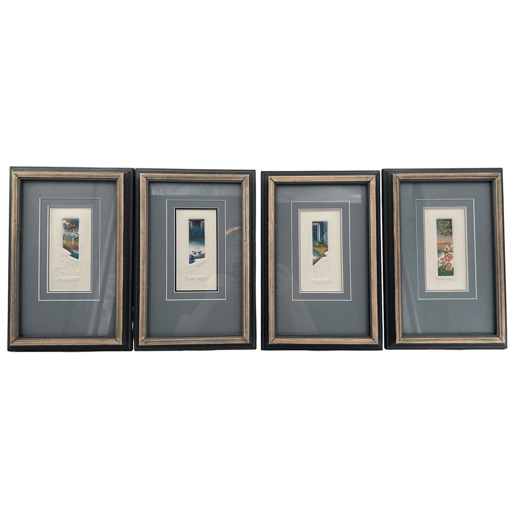 Sonia Gilbert Etching Art Set 4 Signed Limited Edition Garden Nature Multi Color